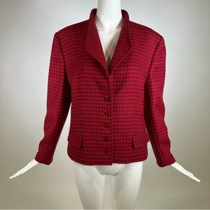 Vintage 80s Louis Feraud Blazer Jacket Button Front Gigham Plaid Red Size 14